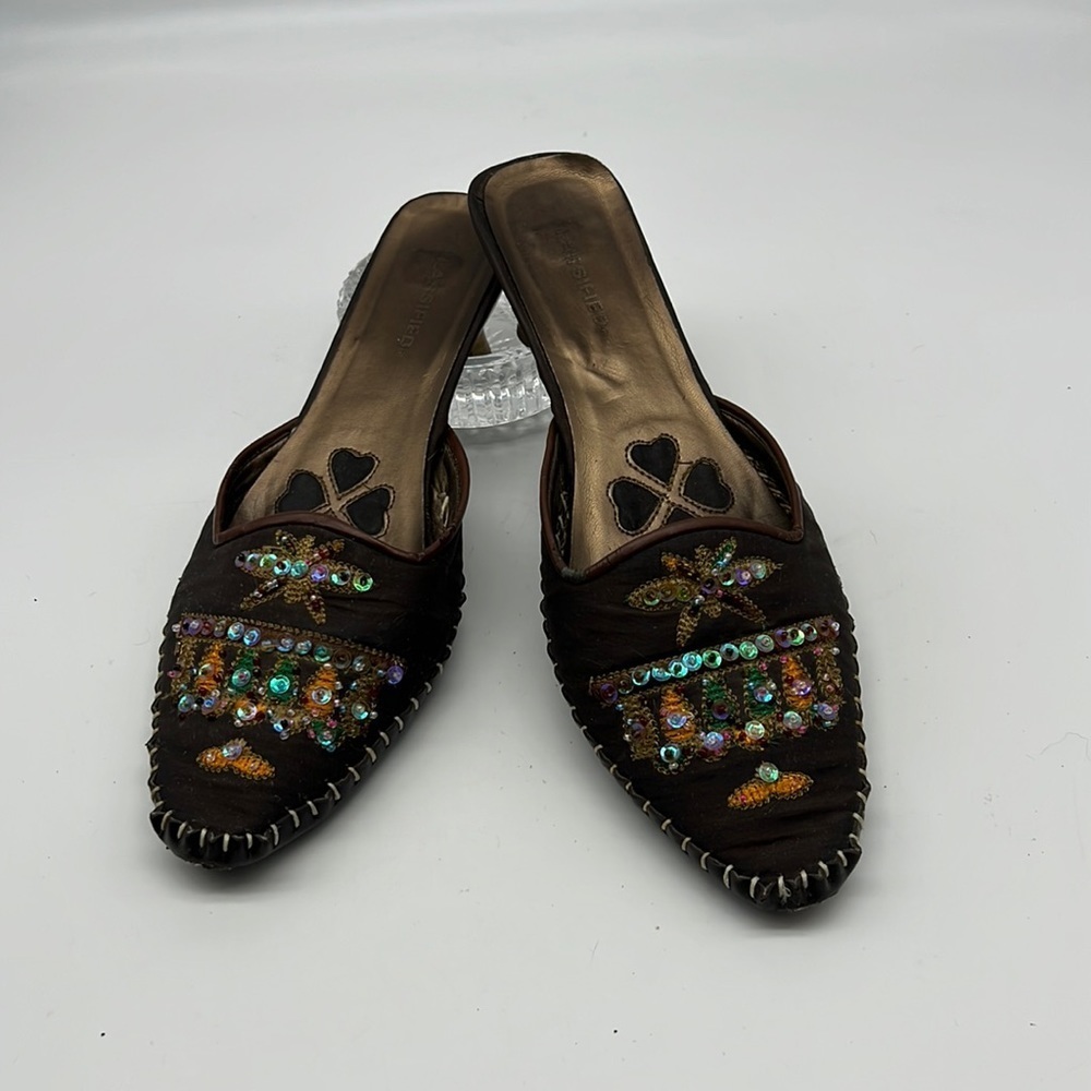 Classified Brown  India Inspired Embroidered Slip on Shoes with Kitten Heel
